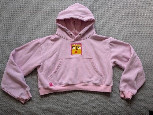 Lane 8 Hoodie Womens Medium Pink Cropped Fleece Pullover Face Graphic Logo