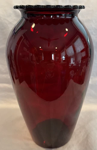 Vintage Anchor Hocking Red Royal Ruby Glass Vase Red with Scalloped Rim 9" Tall