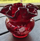 Vintage Fenton Glass Ruffled Rose Bowl Vase Ruby Red White Flowers Signed