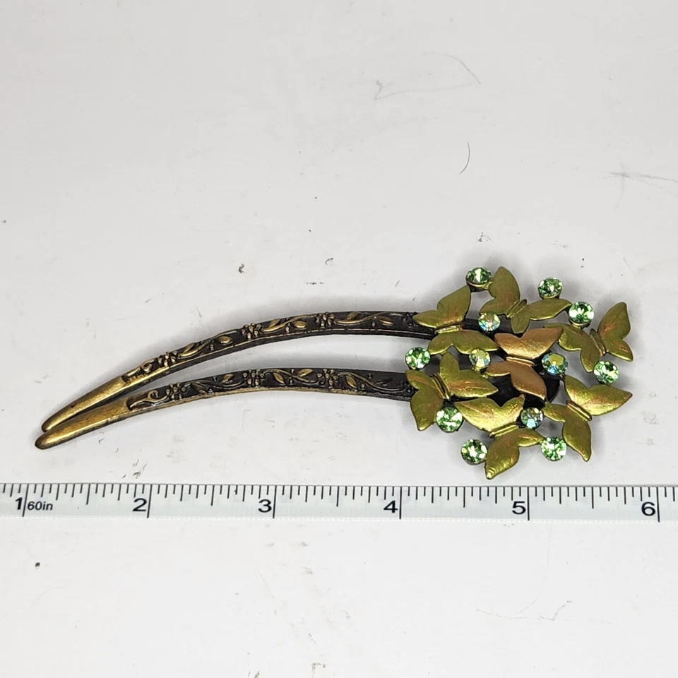 VTG Bronze Jeweled Floral Butterfly haircomb Pin Green Gild Glam Retro Victorian - Image 3 of 3