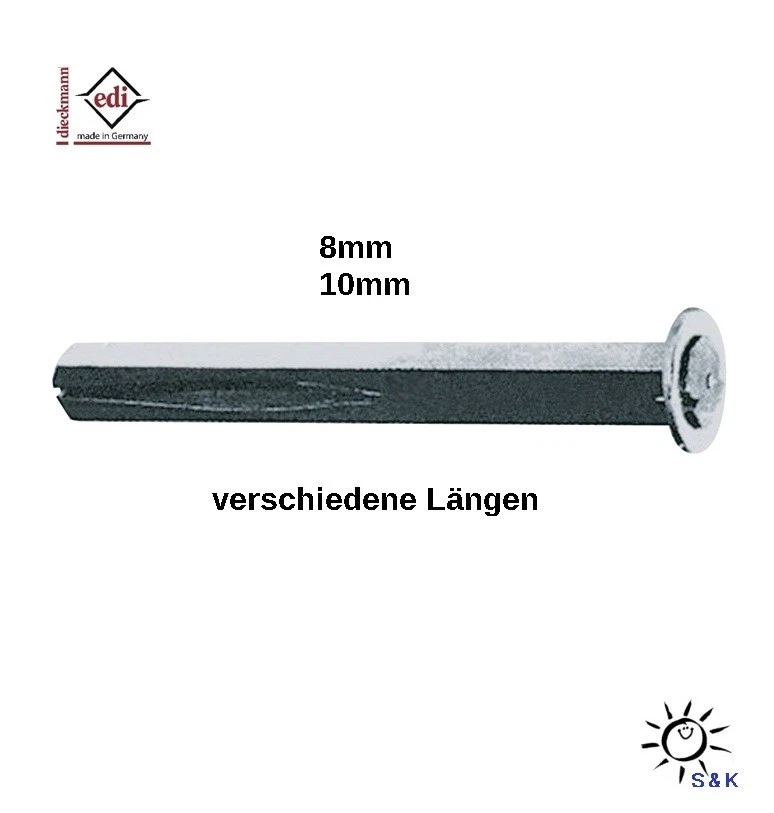 DIECKMANN EDI Drückerstift Typ B Länge 65 mm + 80 mm , Vierkant 8 mm + 10 mm - verzinkt