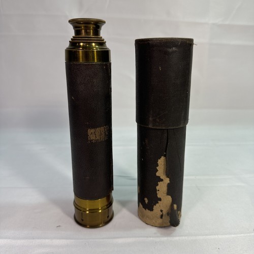 ANTIQUE FRENCH LEATHER WRAPPED BRASS MARITIME NAUTICAL SPYGLASS TELESCOPE 19"
