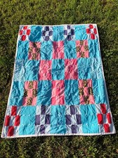 Vintage Hand Embroidered Baby Quilt Dog Turtle Seahorse Animals Blue Pink 48x66