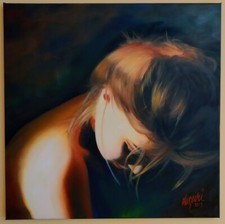 Original-Ölgemälde "Mädchen mit gesenktem Kopf", signiert/datiert, LUGURI