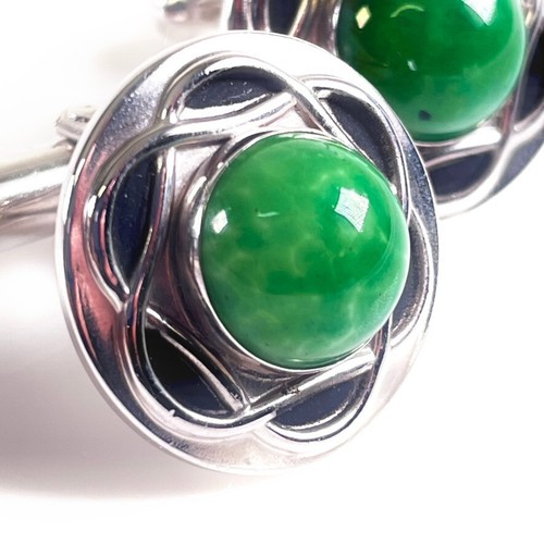 Vintage Anson Cufflinks Silver Green Marbled Round Cabochon Stone Celtic Style - Picture 2 of 7
