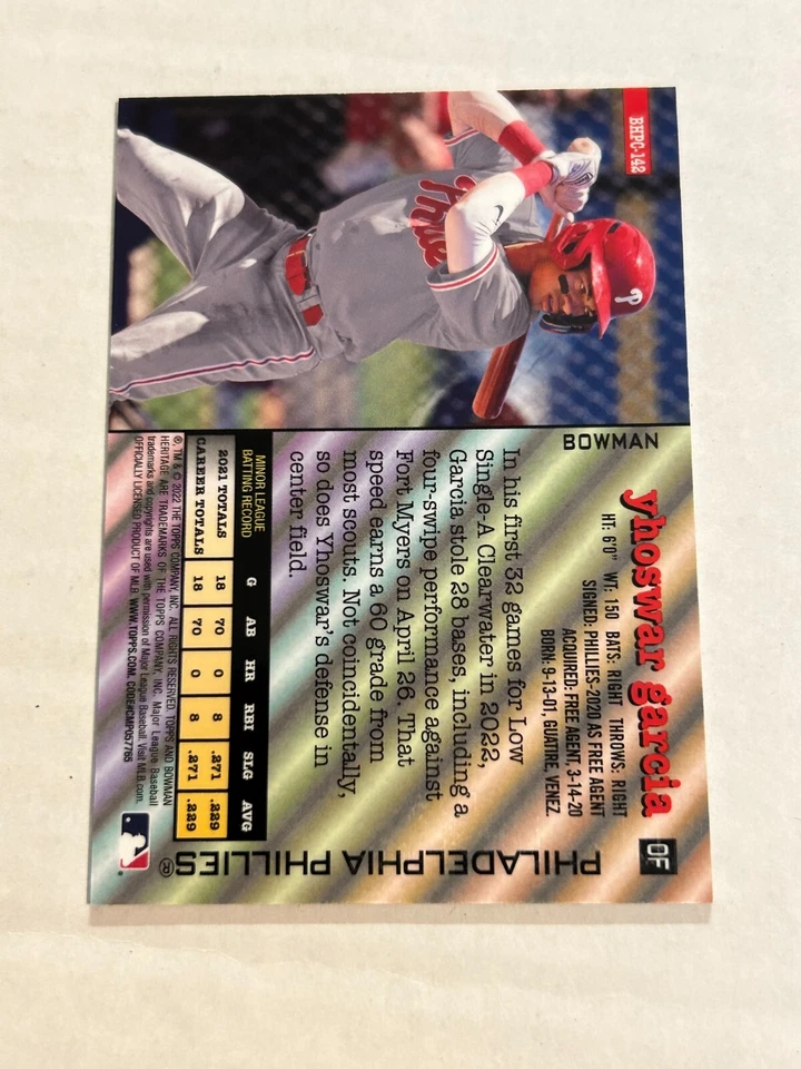 2022 BOWMAN HERITAGE CHROME YHOSWAR GARCIA 22/50 GOLD LAVA REFRACTOR PHILLIES SP - Image 2 of 2