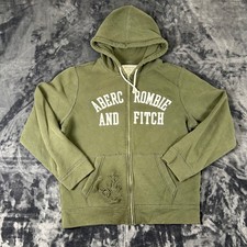 Abercrombie Fitch Zip Hoodie Mens L Green Distressed Logo Fleece Sweatshirt