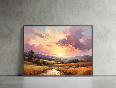 Golden Sunset Landscape Poster, Naive Countryside Wall Art Decor