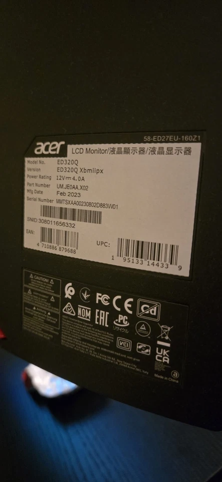 ACER 28" Curved Gaming Monitor. 144Htz Refresh Rate - Image 2 of 4