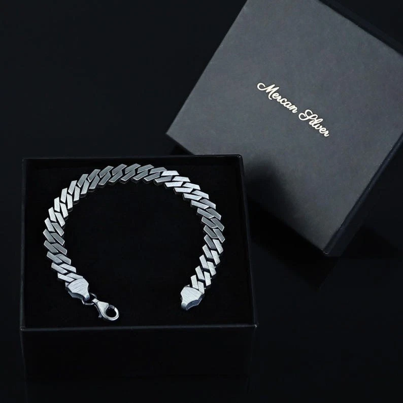 Mens Sterling Silver Cuban Bracelet, Oxized Curb Chain Men Bracelet - Image 4 of 4