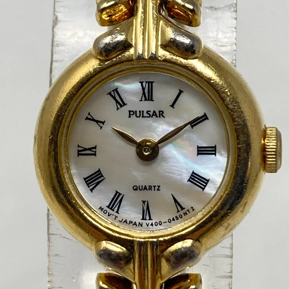 Vintage Pulsar Watch Women 17mm Gold Tone MOP Dial V400-0150 New Battery 6.25" - Image 2 of 4