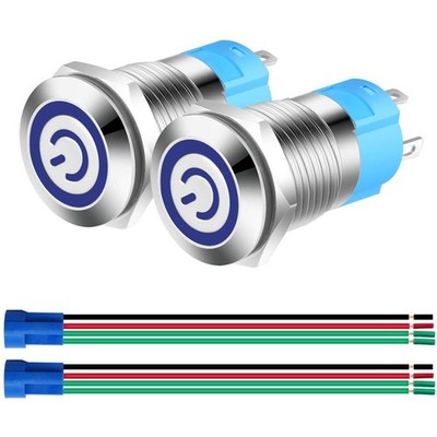 2x 12mm Edelstahl Drucktasten Schalter Wasserdicht LED Blau 12V-24V