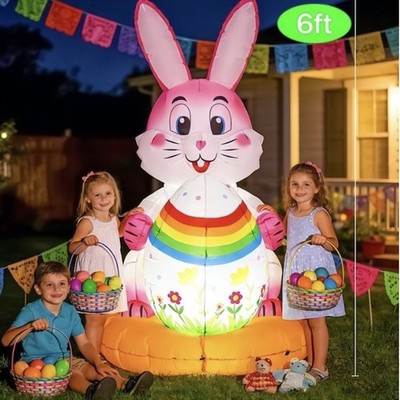 6FT Easter inflatables Bunny Outdoor Decorations LED Lighted Blow Up Rabbit