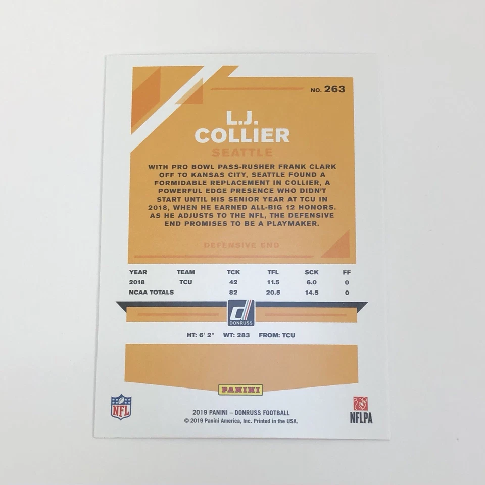 L.J. Collier 2019 Panini Donruss Football Rookie Card RC #113 Seahawks NFL - Image 2 of 2