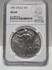 1991 ASE American Silver Eagle Dollar $1 Coin NGC Graded MS69 ~ 1 Oz. Fine  🔥
