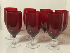 7 Red Goblets Ice Tea/Water Glasses Set of 7 Red Glass Clear Stems Vintage 8"