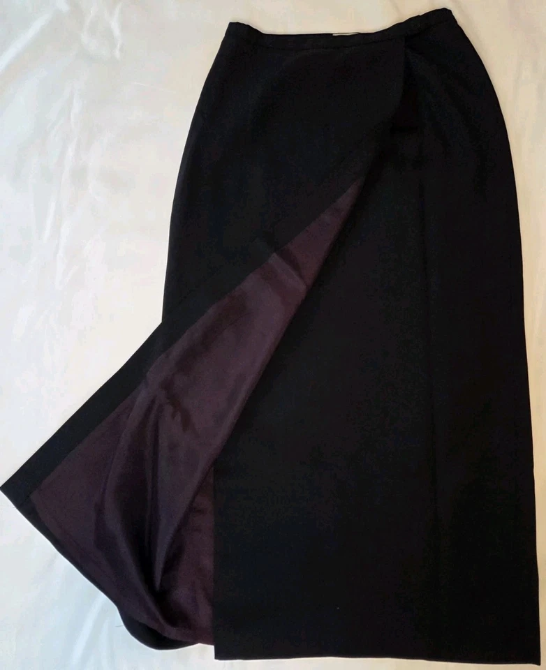 Falda Lápiz Midi de Lana Ann Taylor Negra Envoltura Frontal Abertura Forrada Talla 10 Hecha en EE. UU. Foto 3 de 4