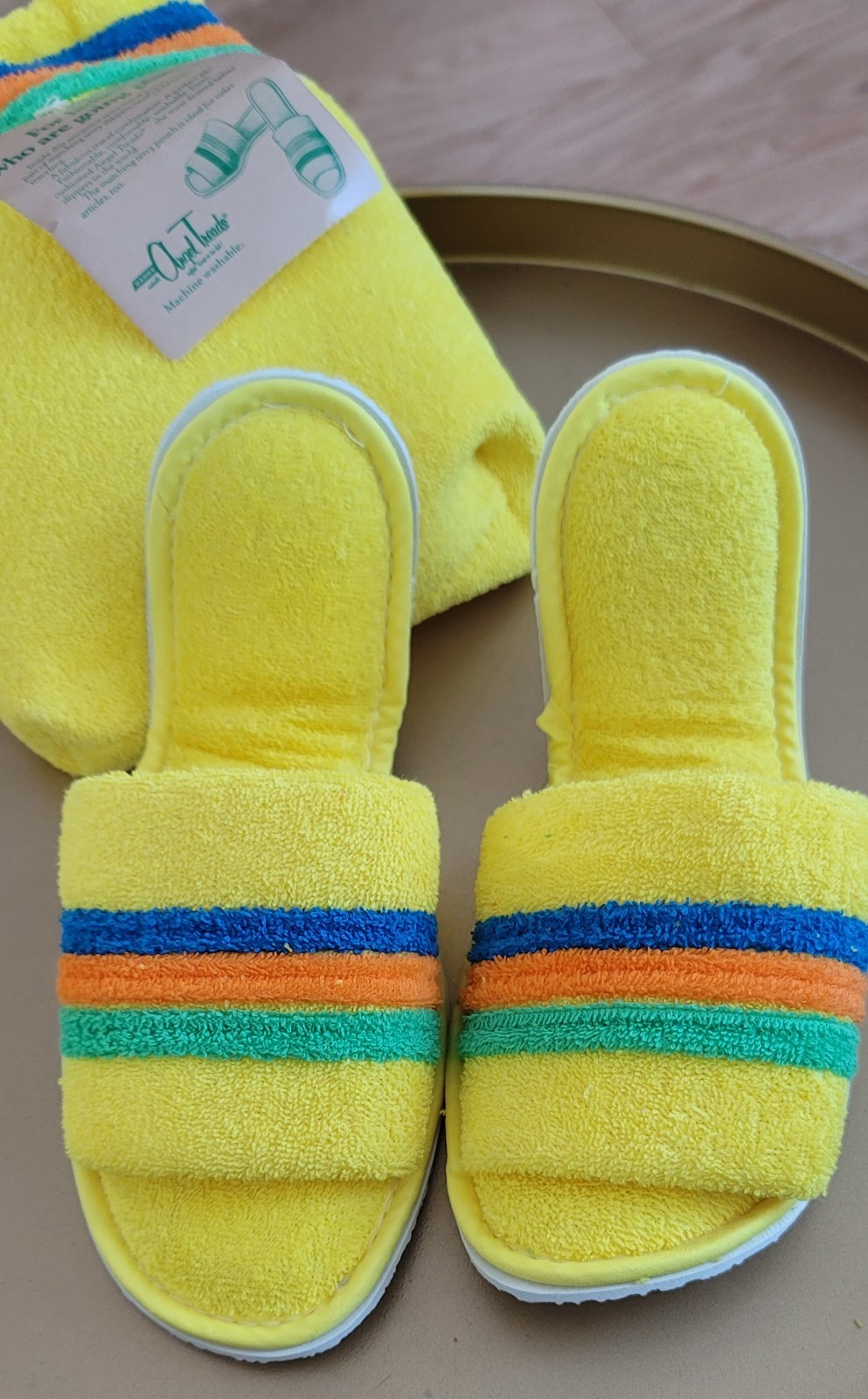 PANTOFOLA D’ORO Pantofole vintage anni 70 in tessuto Terry ANGEL TREADS nuove con etichette M 6 5 7 5 giallo con strisce