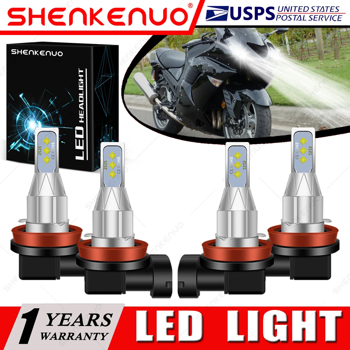 CHUSYYRAY H9/H11 LED Headlight Bulbs – 6000K – For Kawasaki Ninja ZX-10R ZX-14R ZX-6R – 4-Piece Set