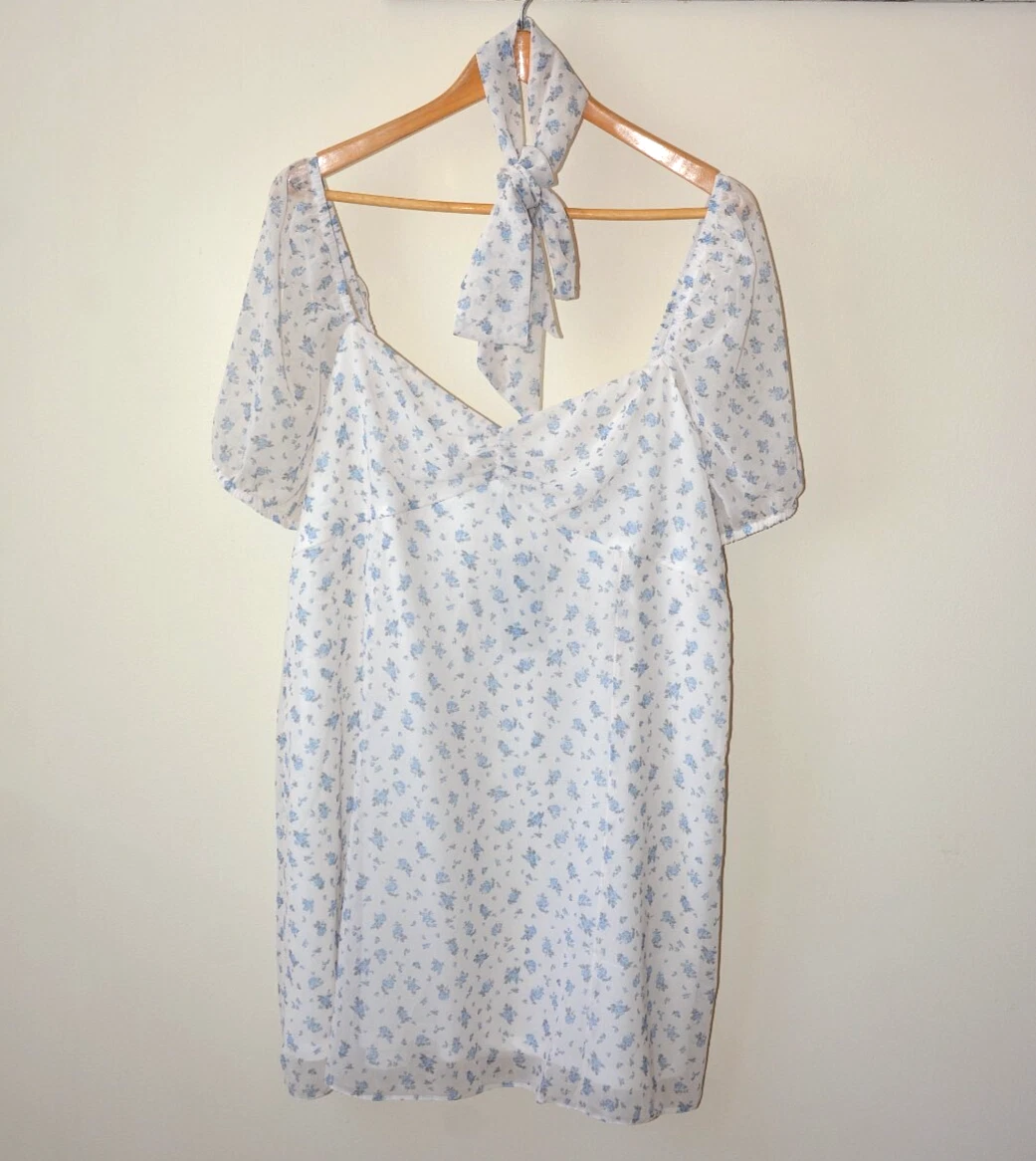 OFF WHITE MINI ABITO EX NEW LOOK OFF BIANCO+BLU DITSY STAMPA FLOREALE FODERATO IN CHIFFON TAGLIA 8 22