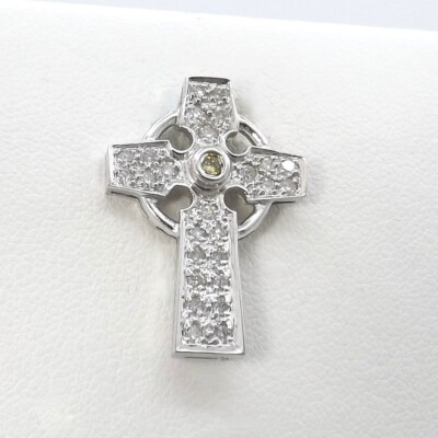 14k Weißgold Natürlicher Diamant Irisches Keltenkreuz Charm Anhänger Neu