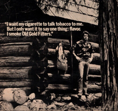 1971 OLD GOLD CIGARETTE PRINT AD RUGGED MAN AND CABIN SMOKING TOBACCO  VINTAGE AD