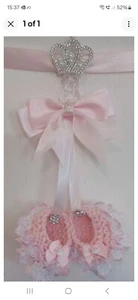 Pram charm*new*pink/white girl booties  charm hand knitted Princess Crown Attach