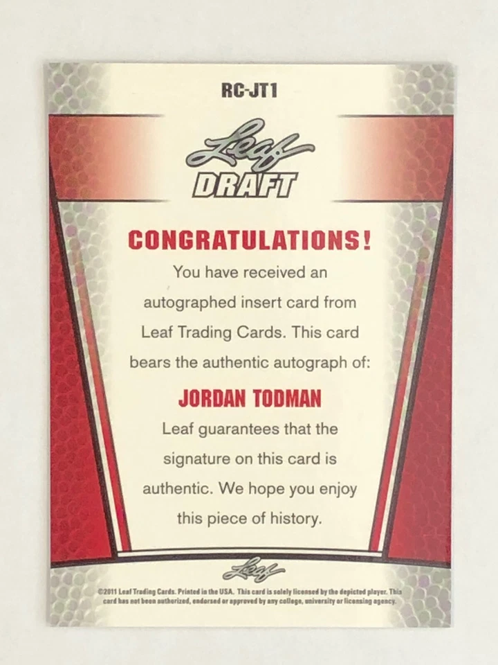 2011 Leaf Draft Jordan Todman #RC-JT1 AUTO Authentic Mint  - Image 2 of 2