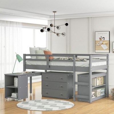 Low Study Twin Loft Bed with Cabinet & Rolling Portable Desk For Kids Bedroom US
