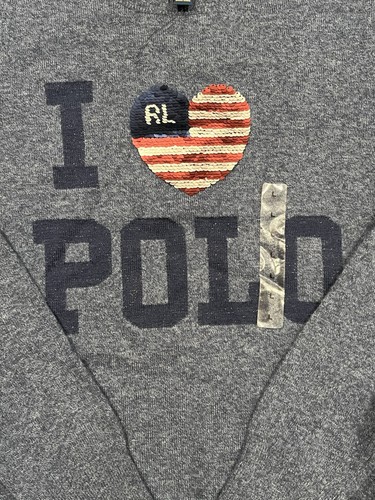 Polo Ralph Lauren Sweater Girls Blue I Heart USA flag Polo Pullover Size L 12-14 - Picture 7 of 11