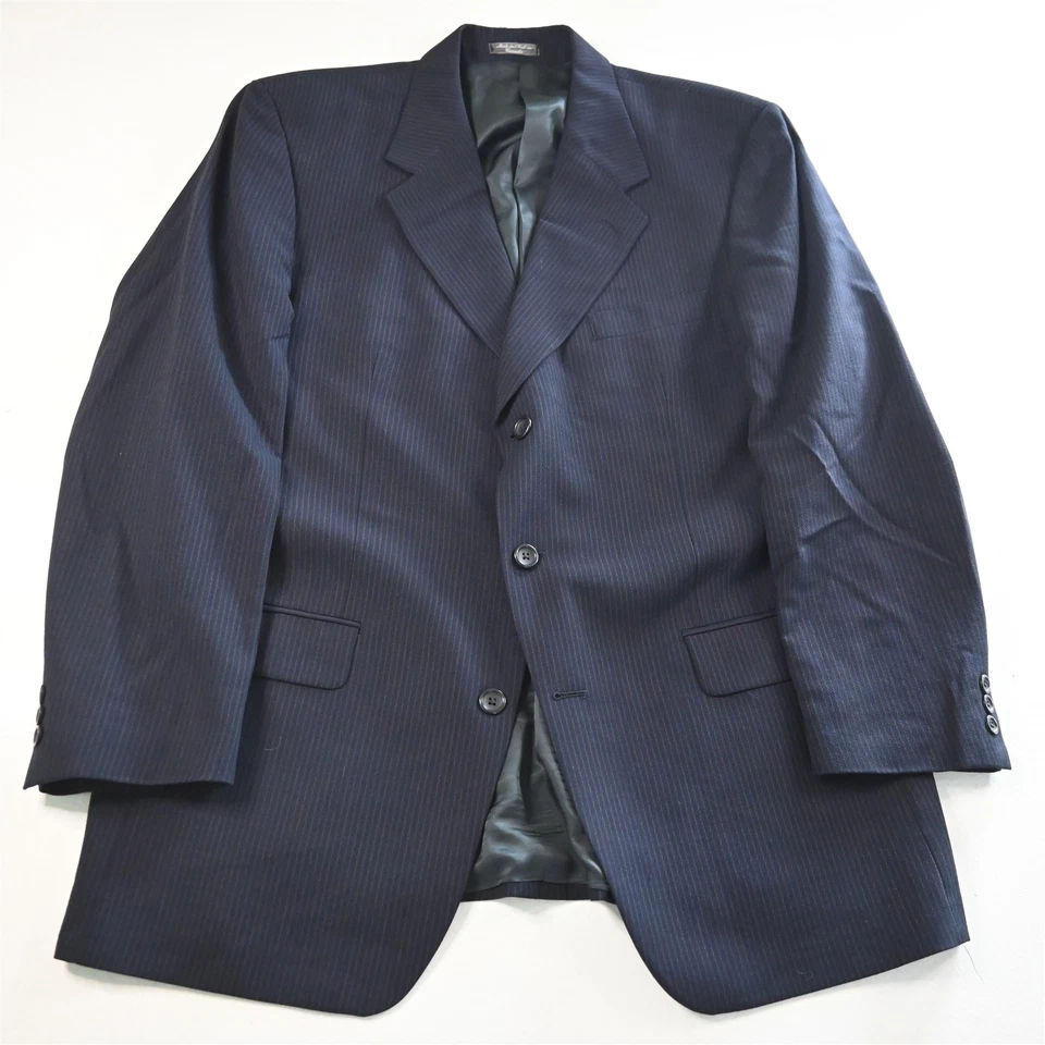 Vtg Nordstrom 46L 36x32 Navy Blue Striped 100% Wool Mens Jacket Pants Suit - Image 2 of 4