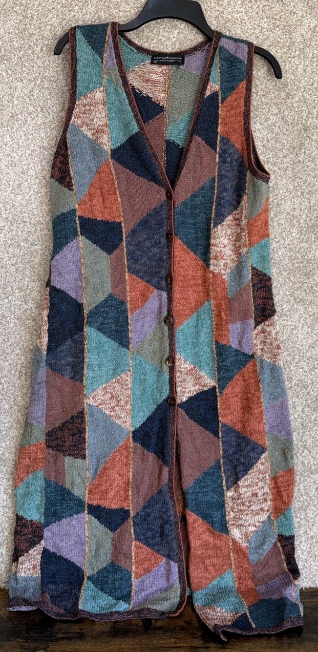 Peruvian Connection Kaffe Fassett Womens Large Button Sleeveless Cardigan Duster