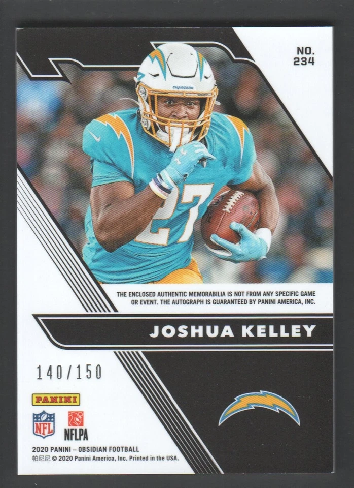 2020 Panini Obsidian Football Card Rookie AUTO JERSEY #234 Joshua Kelley 140/150 - Image 2 of 2