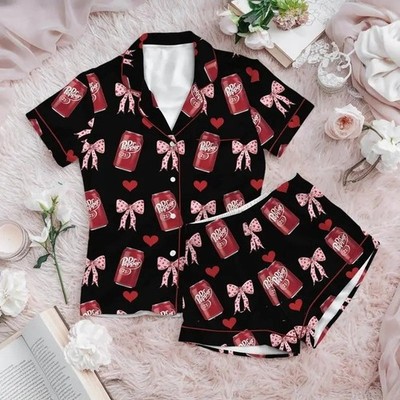 Dr Pepper Satin Pajamas Set, Soda Sleepwear, Lover Loungewear, Gift Idea