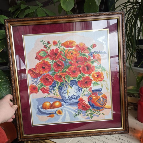 Vintage Needlepoint Poppy Crossstitch Wild Flower Embroidery Tapestry Framed - Picture 24 of 24