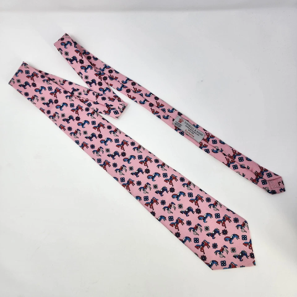 Corbata Turnbull & Asser Para Hombre Rosa Seda Hecha a Mano Inglaterra Estampado de Caballo Ecuestre Foto 2 de 4
