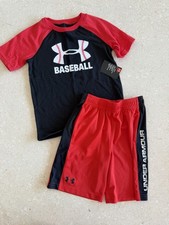 Under Armour Two-Piece Baseball Outfit Shirt Top Shorts Red Black Boys 6