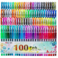 Neon Glitter Gel Markers - 100 Color Set with Fine Tips for Vivid Adult Coloring