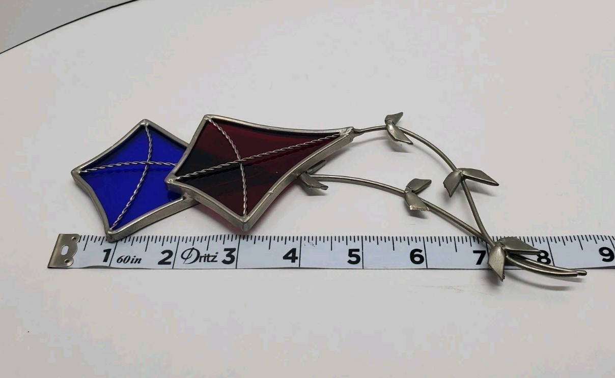 Stained Glass Flying Red Blue Kites with Tails Hanging Sun Catchers Silver Tone