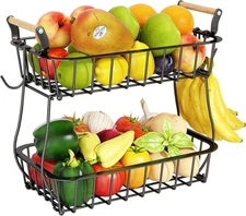 2 Tier Fruit Basket with 2 Banana Hangers, Countertop Fruit Vegetable Basket ...