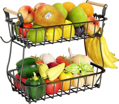 2 Tier Fruit Basket with 2 Banana Hangers, Countertop Fruit Vegetable Basket ...