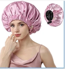 Silk Bonnet for Sleeping Double Layer Satin, Ajustable Elasticity Band Pink