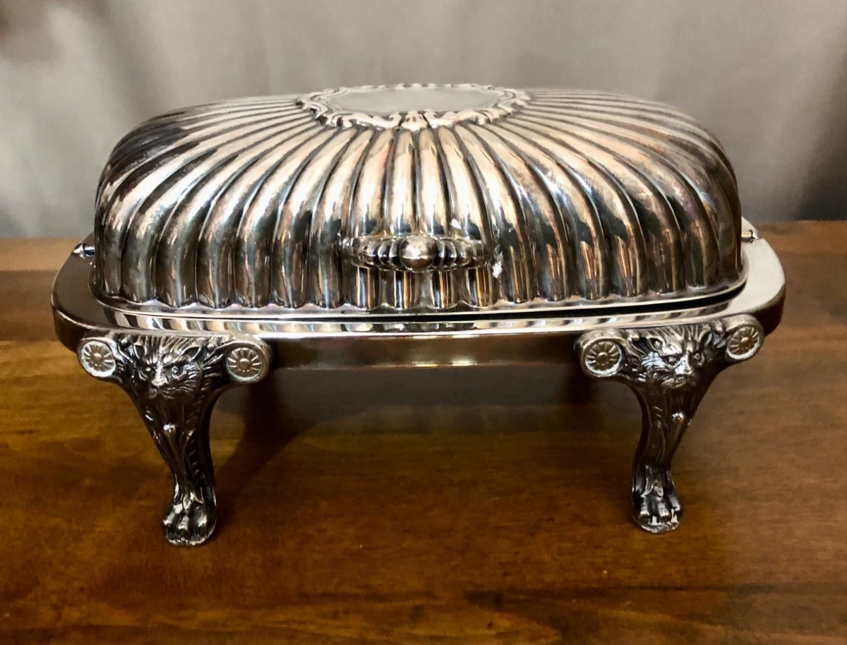 米国老舗 F.B. Rogersの銀のライオン足とライナー付 バターディッシュ FB Rogers Silver Coin Antique US Silver-Plated Butter Dishes for