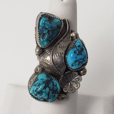 Native American NA Ring Sz 6 .925 Turquoise Leaf Flower Darrell Victor Navajo