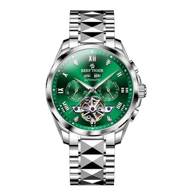 Reef Tiger Men Automatic Watch Mechanical Luminous Skeleton Year,Month,Week,Date