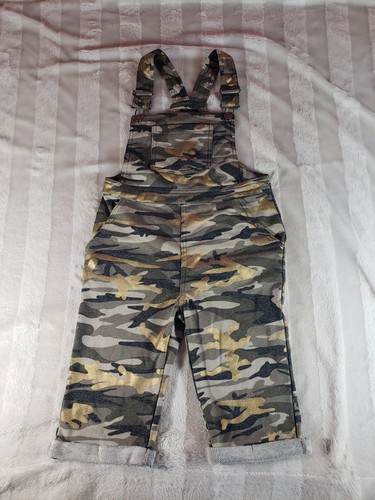 Kidpik Girls Camo Green Gold Overalls 10 M Crop Capri Rolled Hem Adjustable - Picture 1 of 11