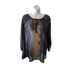 Greater Good Sheer Tunic Top Womens Medium Black Gold Embroidery