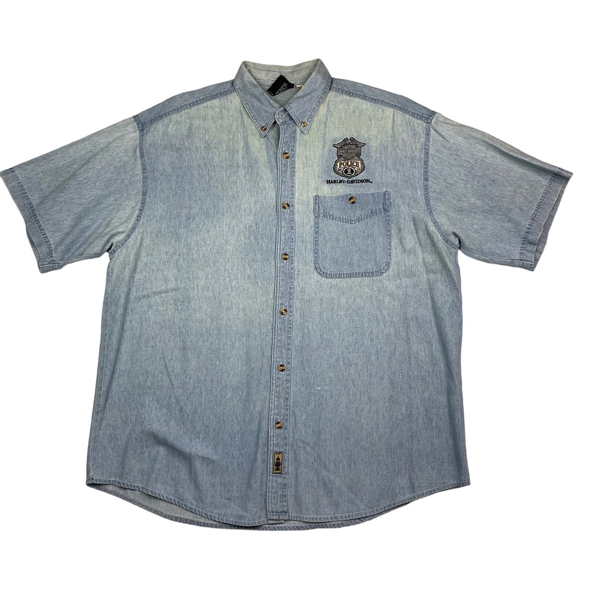 VTG Harley Davidson Men's Denim S/S Button Shirt Light Wash Blue