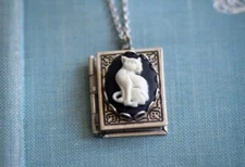   Gothic Embossed Cat Book Pendant Box Necklace, Gift Jewelry Cosplay Library 