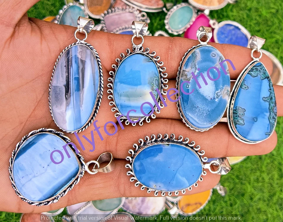 Lote de 10 colgantes de diseño chapado en plata de ley 925 piedras preciosas de ópalo azul de invierno Foto 2 de 4